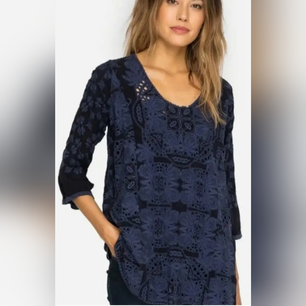 S Johnny Was Christina Georgette Embroidered Navy Blue Blouse